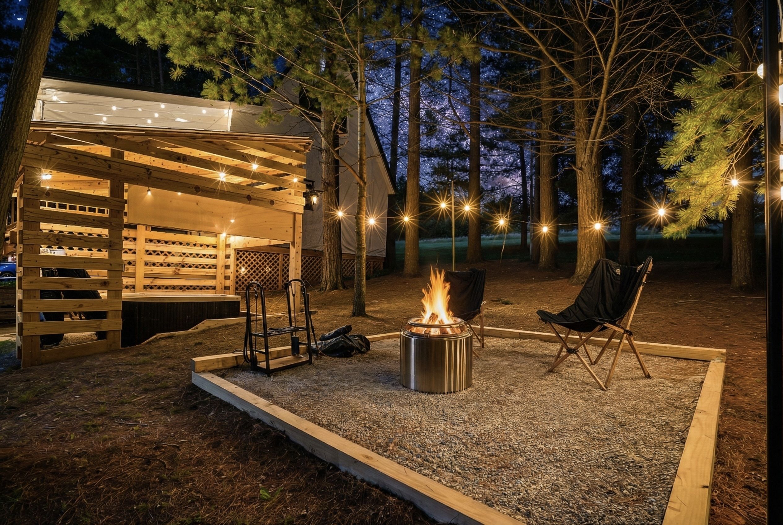 A cozy outdoor seating area with a fire pit, a covered structure with string lights, and a wooden deck.