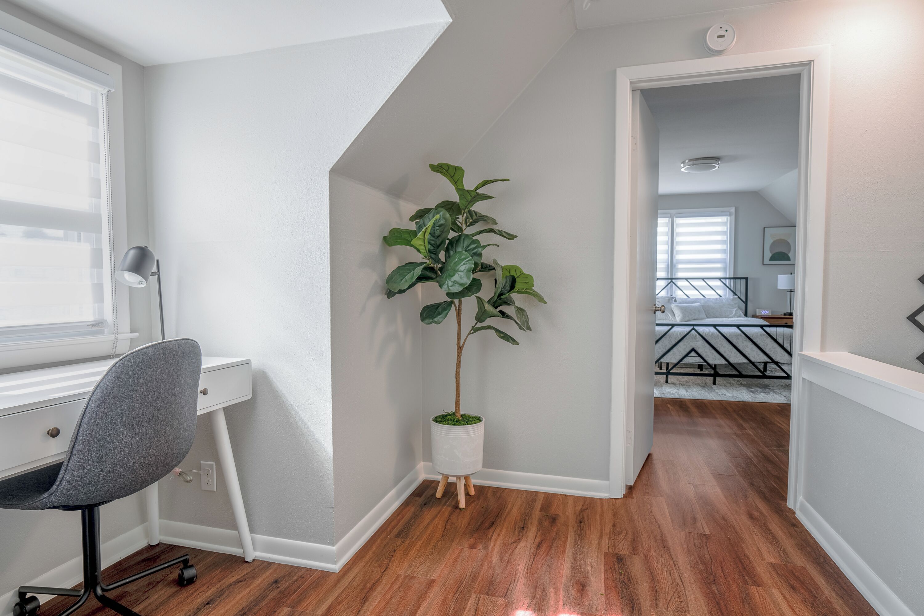 A modern bedroom with a wooden floor, a desk with a chair, a potted plant, and a bed with a metal frame.
