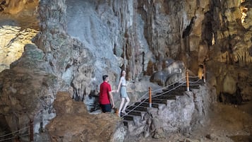Una cueva con formaciones rocosas naturales y una escalera de madera.