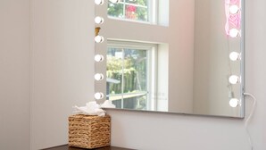 Un tocador con espejo rodeado de luces, una caja de pañuelos y una ventana con vista a la vegetación.