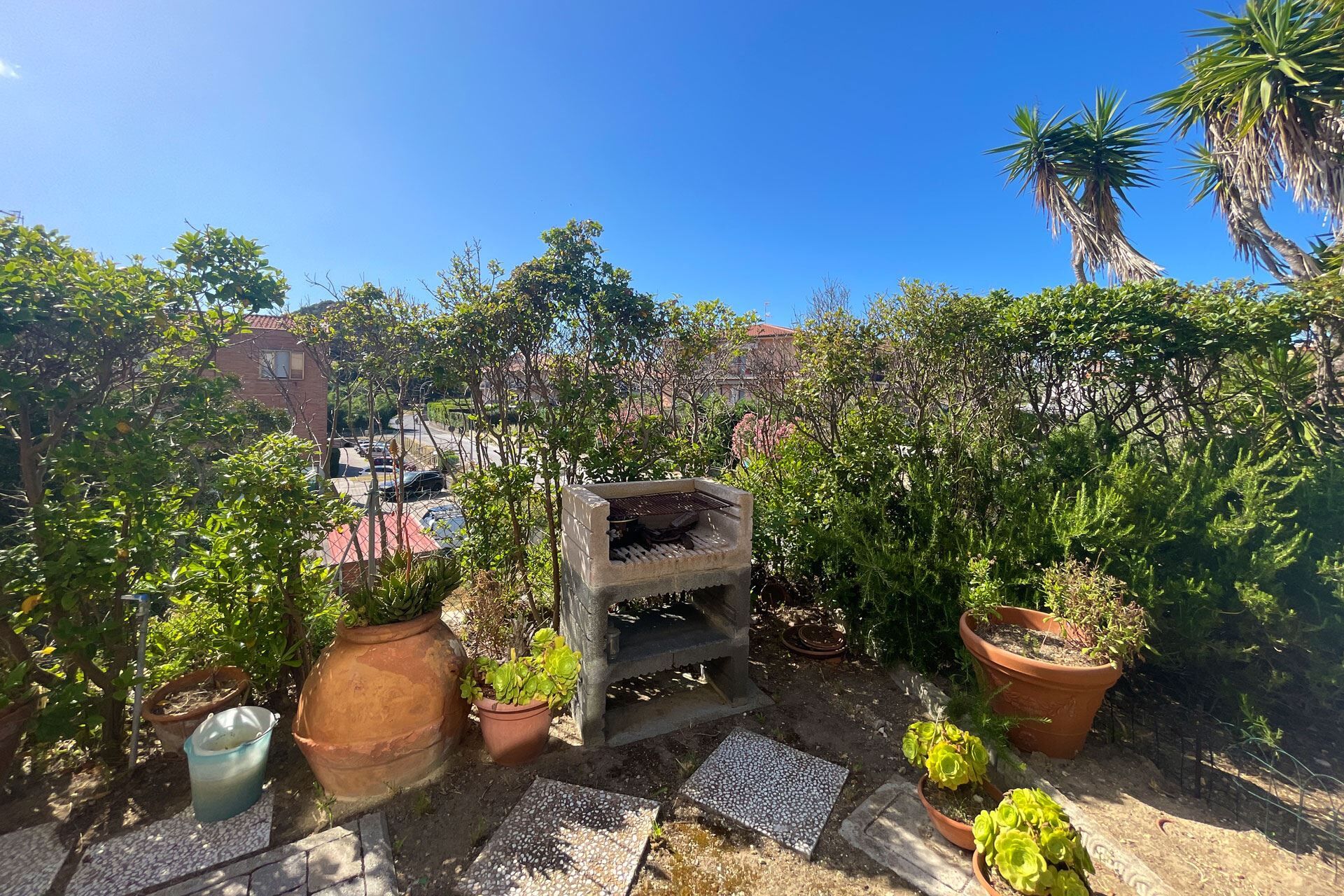 Un jardín en la azotea con plantas en macetas y una estructura de madera.