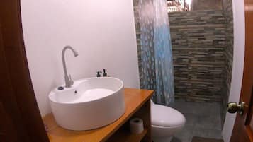 Regadera, toallas, jabón, shampoo