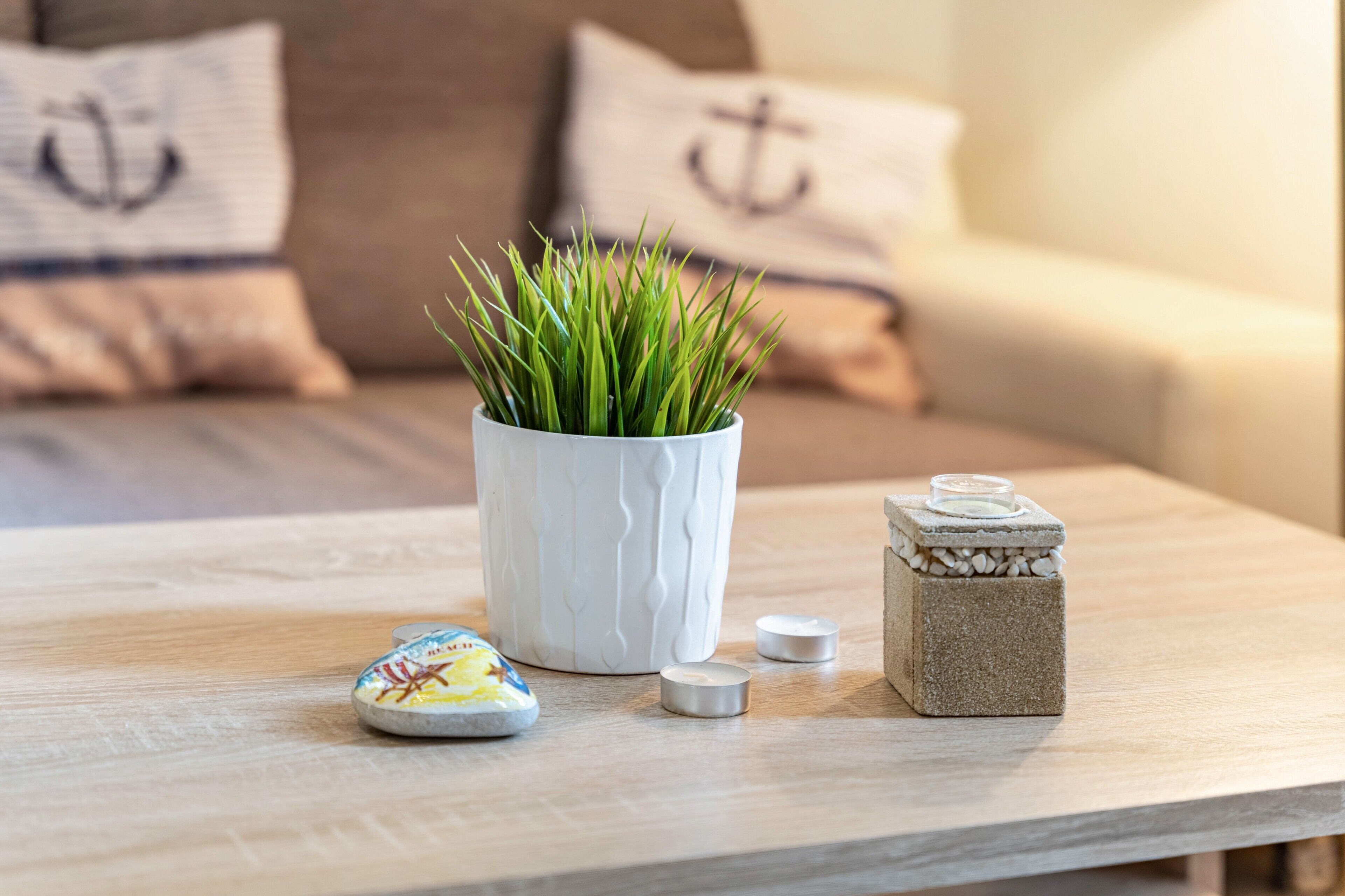 A wooden table with a potted plant, a decorative stone, and a small jar.