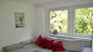 A room with a grey sofa, red cushions, a painting, and a window with a view of greenery. - Apartment 'Am Eschachwäldle' with Private Terrace, Private Garden and Wi-Fi (Niedereschach)