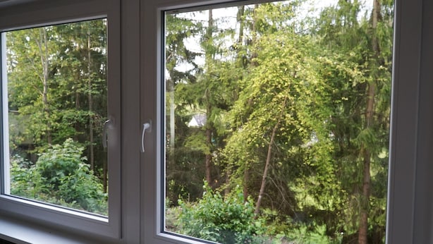 A window with a view of a forested area. - Apartment 'Am Eschachwäldle' with Private Terrace, Private Garden and Wi-Fi (Niedereschach)