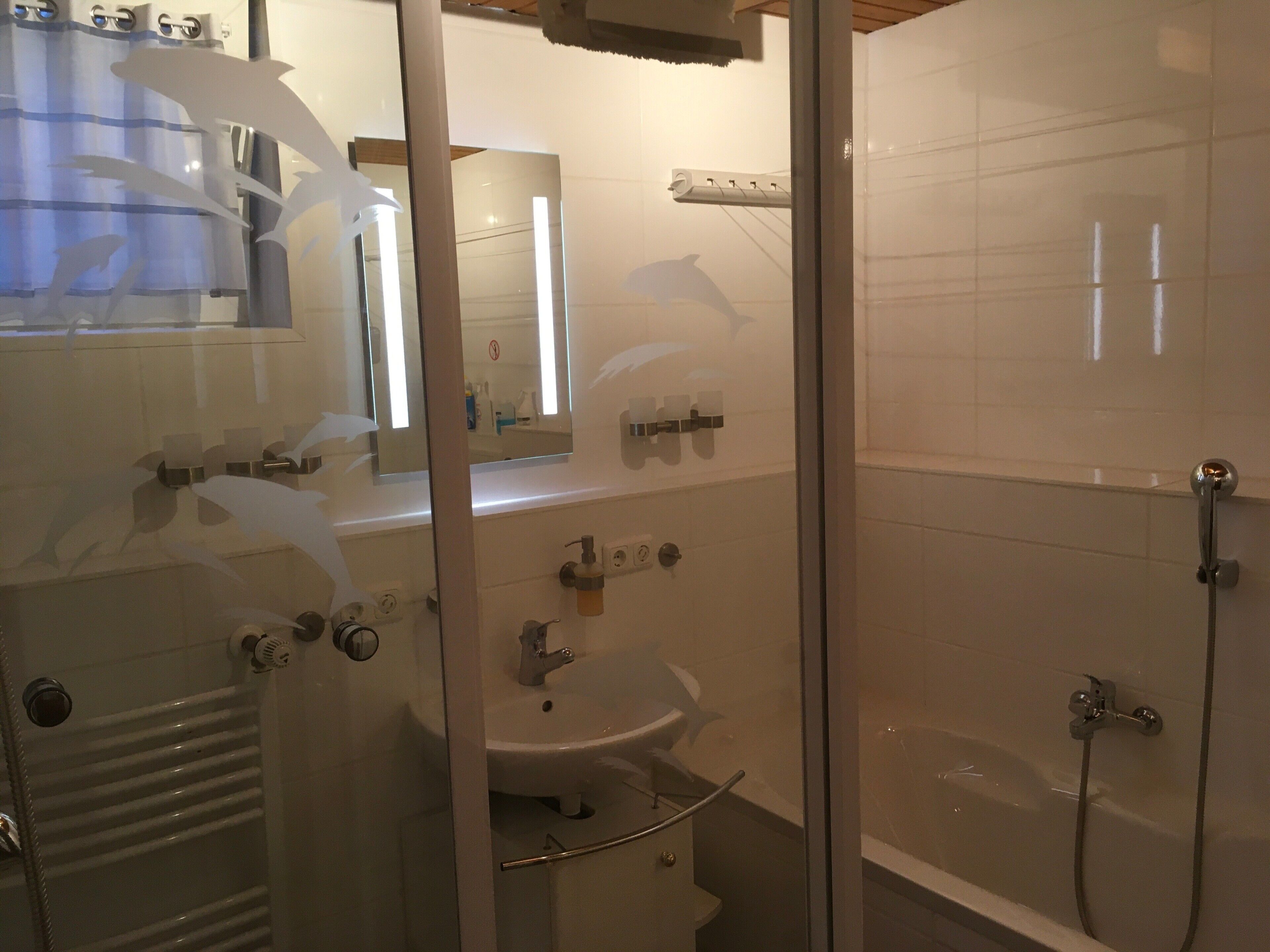 Douche, séchoir à cheveux, serviettes fournies