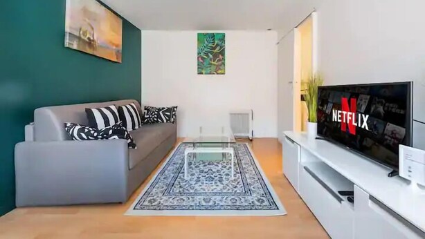 Una sala de estar moderna con un sofá gris, una mesa de centro, un televisor de pantalla plana y una alfombra decorativa.