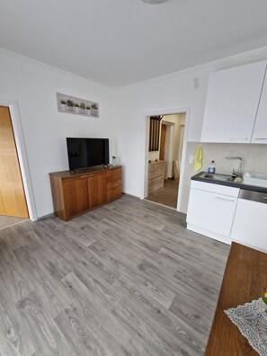 A modern living room with a flat-screen TV, wooden cabinet, and a kitchen area with white cabinets and a sink. - Apartment 'Haus Rose' with Mountain View, Shared Garden and Wi-Fi (Kaisersberg)
