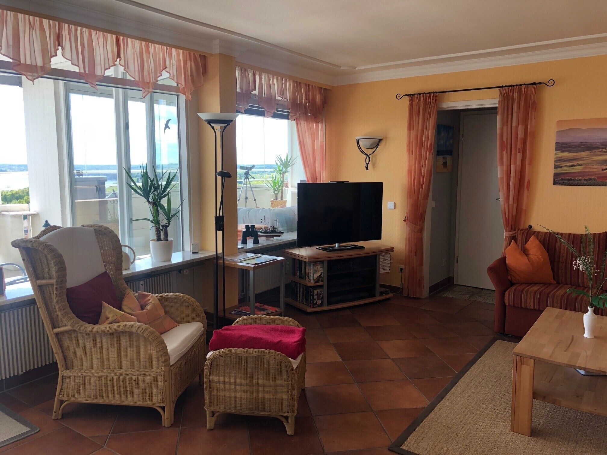 A living room with a television, wicker furniture, a potted plant, and a view of the outdoors.