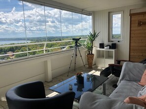 TV, fireplace, DVD player, stereo - Apartment 'Wellness Penthouse Meerblick' with Sea View, Shared Garden and Wi-Fi (Sierksdorf)