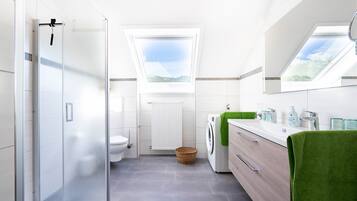 Shower, hair dryer, towels