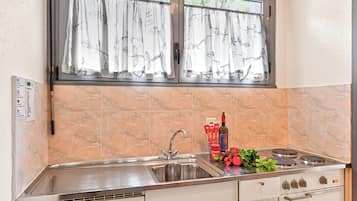 Geladeira, fogão, cooktop, talheres/pratos/utensílios de cozinha