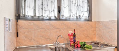 Fridge, oven, stovetop, cookware/dishes/utensils