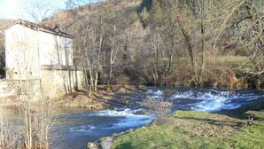 Une rivière traverse une zone boisée, et on aperçoit un petit bâtiment sur la gauche.