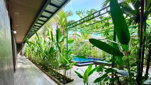 A covered walkway with a pool and lush greenery. - Casa Verde Guesthouse (Mengwi)