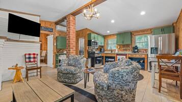 Smart TV, fireplace, books