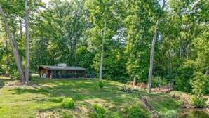 A cabin with a glass facade, surrounded by a lush green landscape and a small stream. - Heron Hideout: Shenandoah Riverfront Retreat! (Luray)