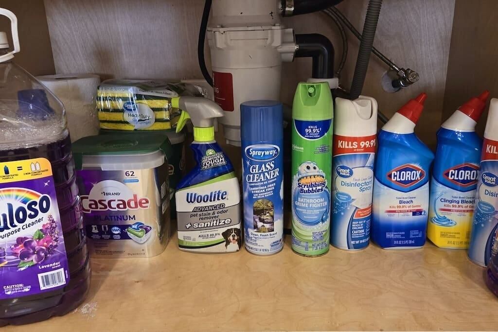 A variety of cleaning products on a shelf, including Cascade Platinum, Woolite Advanced, Sprayway Glass Cleaner, Scrubbing Bubbles Bathroom Prime Fighter, and Clorox Disinfectant Spray.
