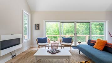 Smart TV, fireplace, ping pong, books