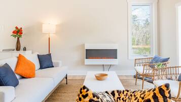 Smart TV, fireplace, ping pong, books