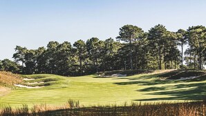 A golf course with sand bunkers, a well-maintained green, and a line of trees in the background. - Bright & Cozy with Patio, Grill and near the Beach & Golf (Brewster)