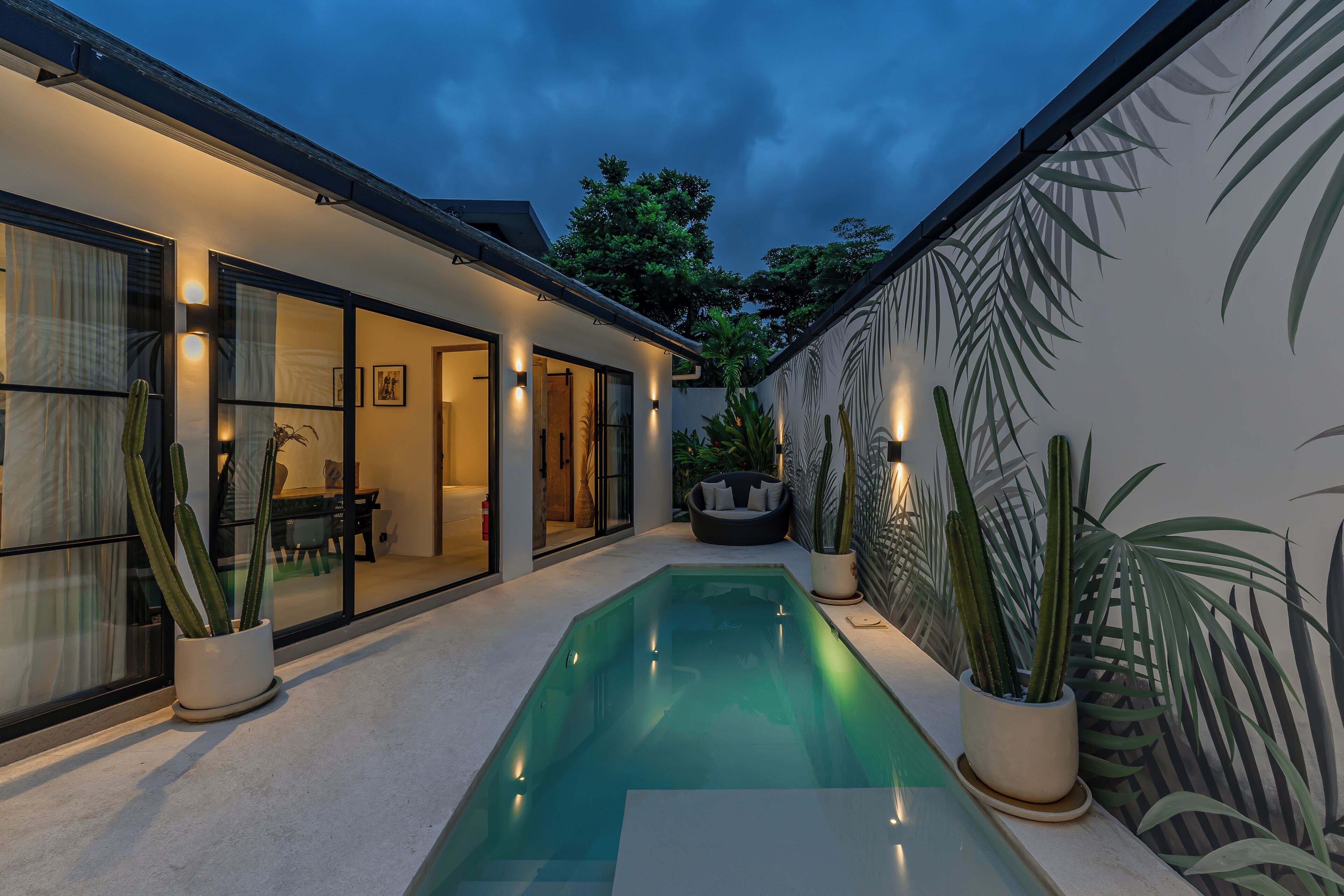 A modern house with a swimming pool, large windows, and potted plants.