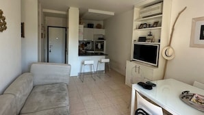 Un salon avec un canapé, un téléviseur et une cuisine en arrière-plan.