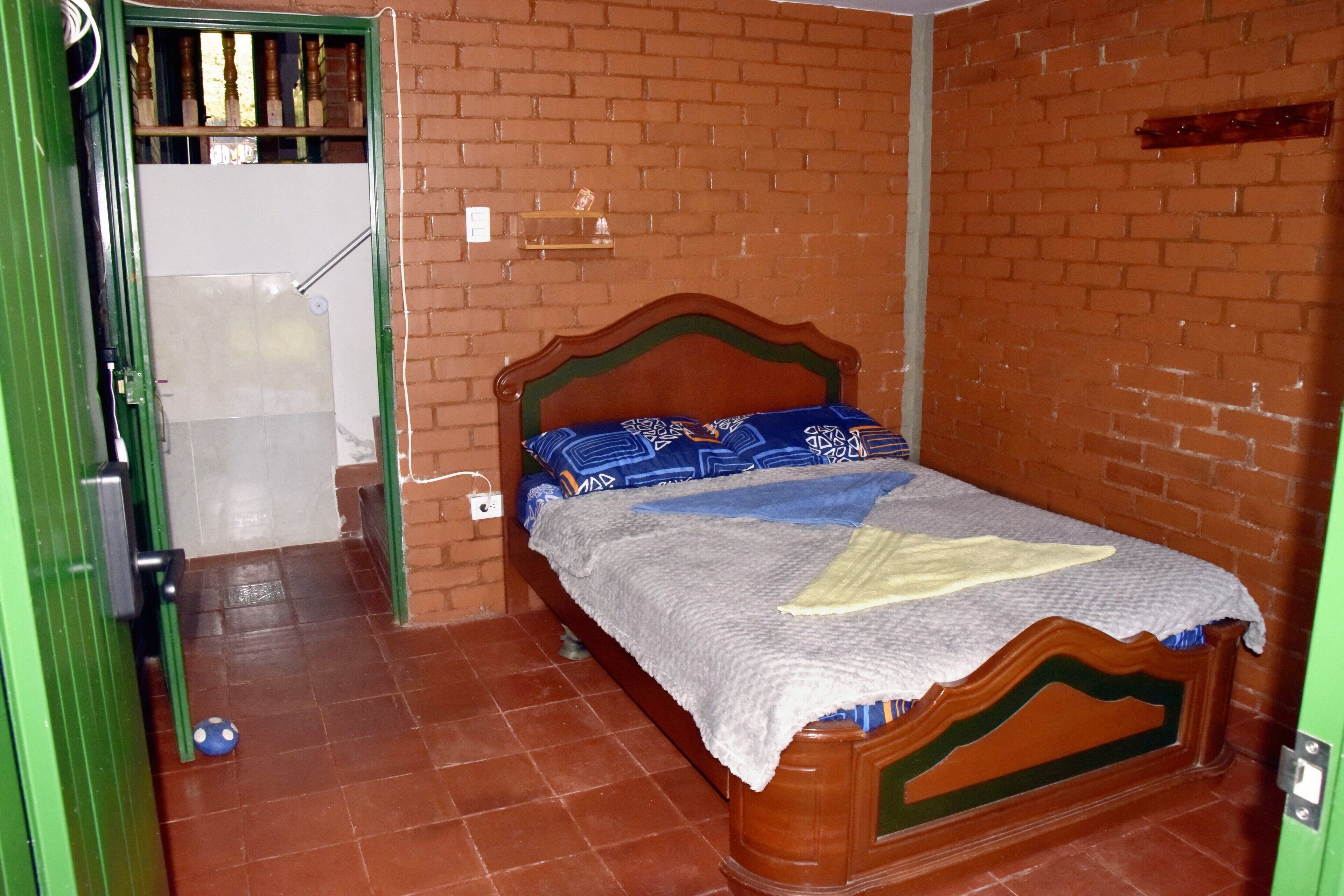 Une chambre avec un lit en bois, une porte verte et un mur en briques.