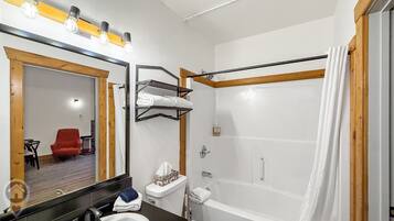 Hair dryer, towels, soap, shampoo