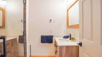 Hair dryer, towels, soap, shampoo