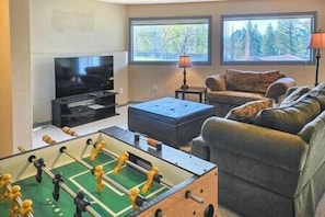 TV, fireplace, table football