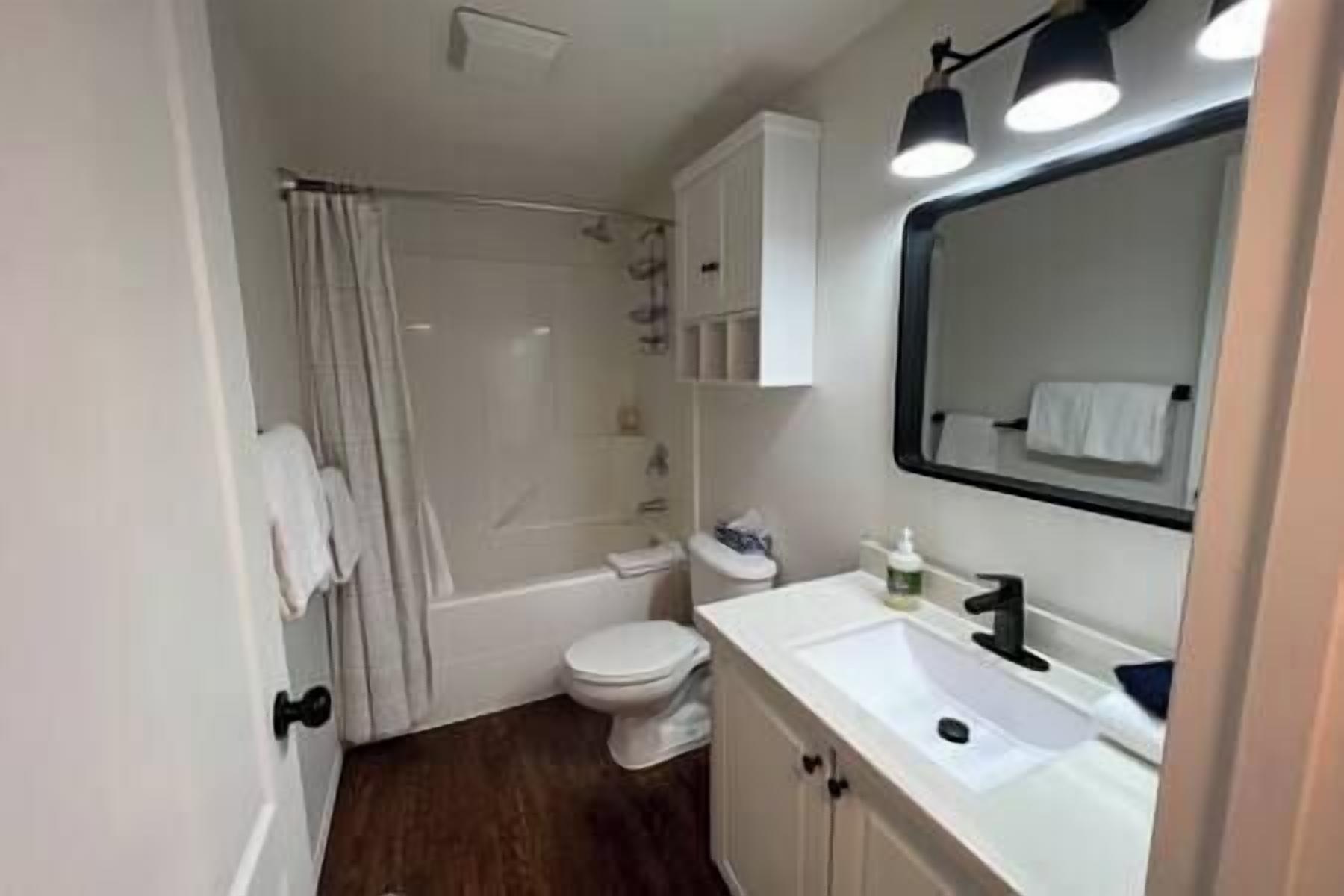 Hair dryer, towels, soap, shampoo