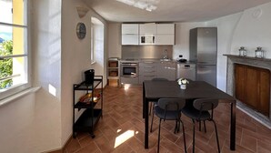 Cuina compacta amb electrodomèstics moderns, zona de dinar amb taula i cadires, i una llar de foc.