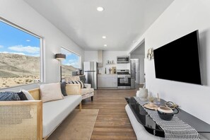 TV, offices - Modern 2BR Desert Oasis w/Hot Tub and Scenic Views (Joshua Tree)