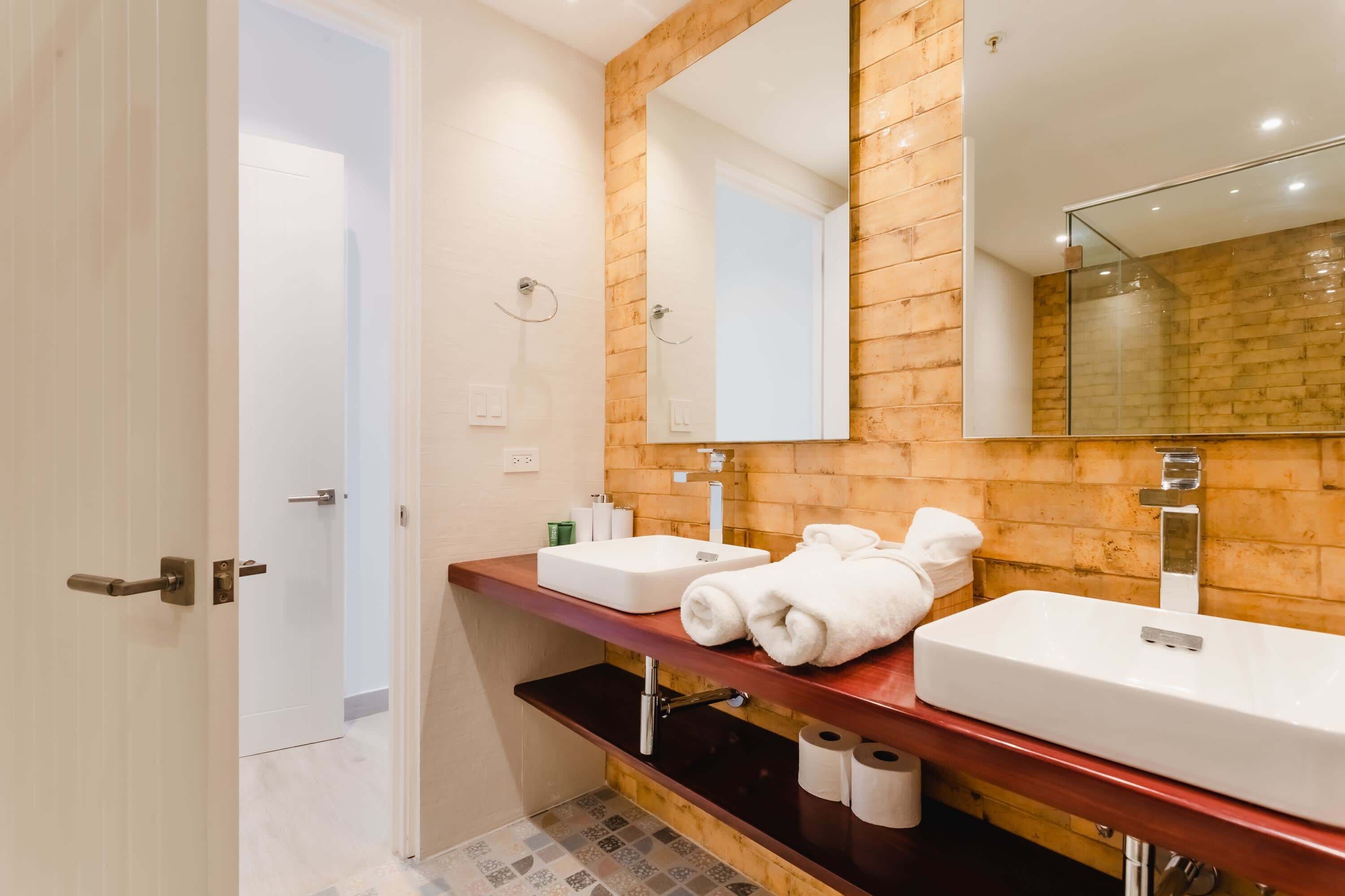 Chuveiro, secador de cabelo, toalhas de banho 