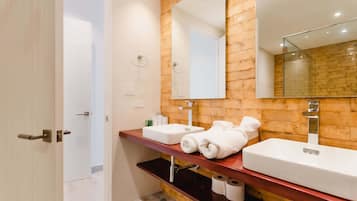 Chuveiro, secador de cabelo, toalhas de banho