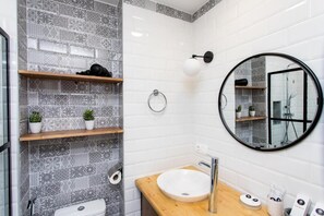 Shower, hair dryer, bidet, towels