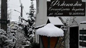 Una strada innevata con un cartello per 'Piedcademia' e un lampione.