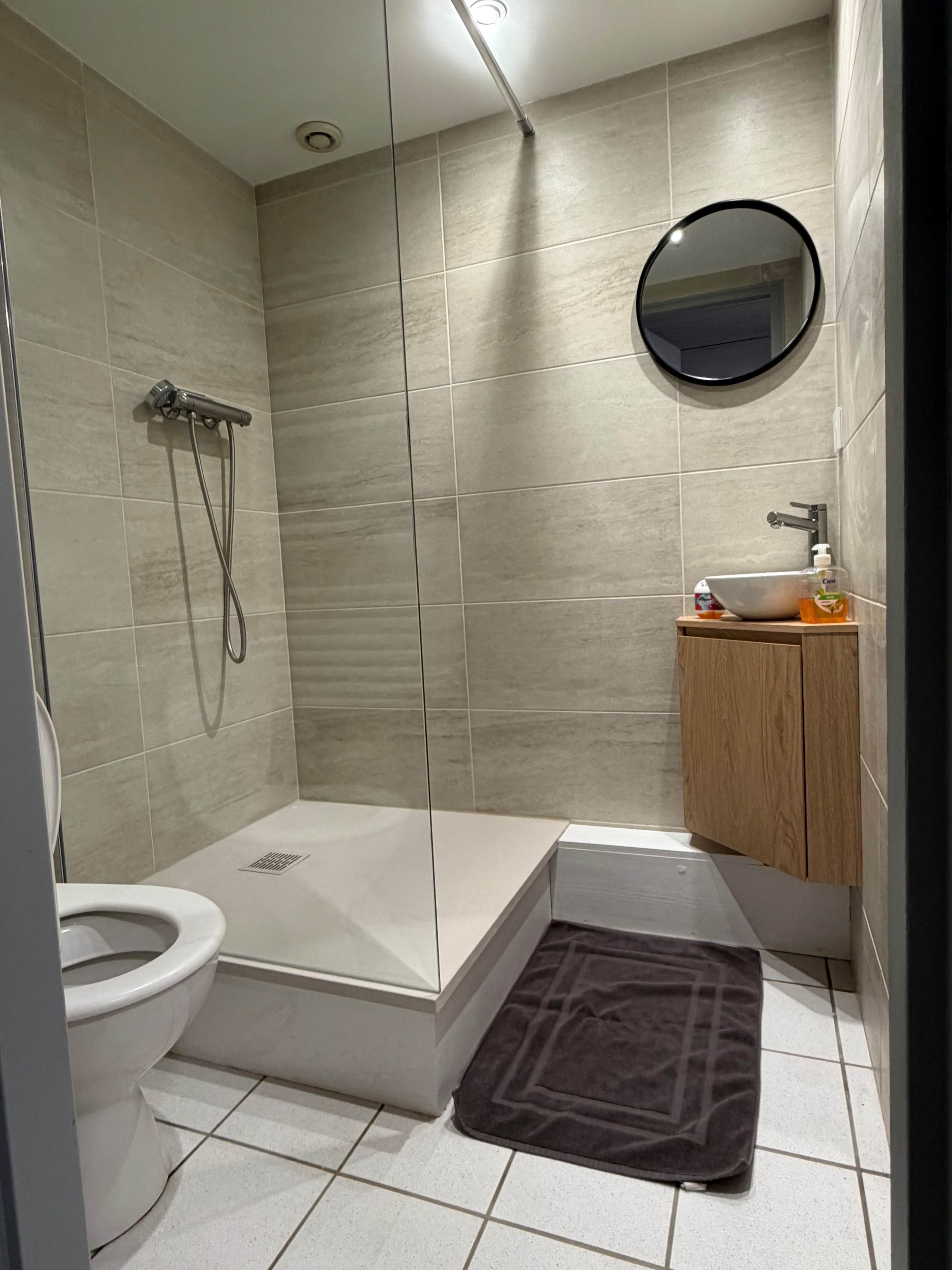 Een moderne badkamer met douche, toilet en wastafel.