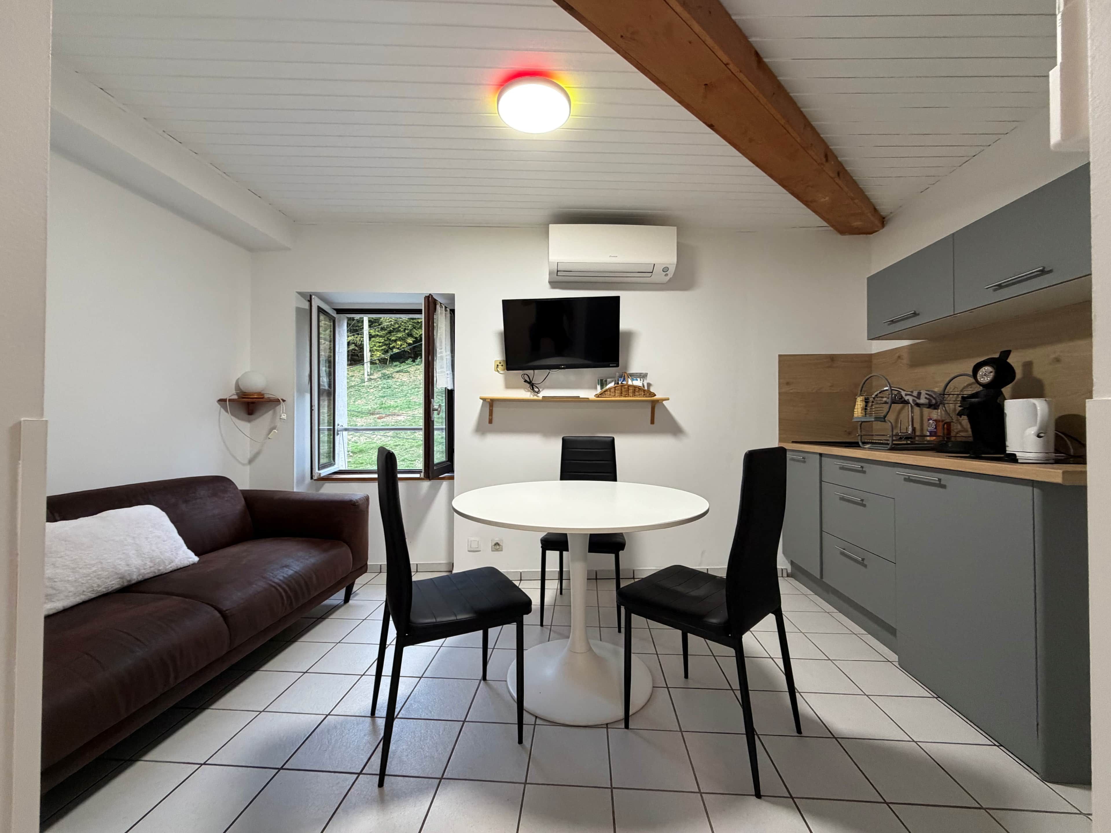En kompakt opholdsstue med et tekøkken, et spiseområde med et rundt bord og stole, en brun sofa og et fjernsyn ophængt på væggen.