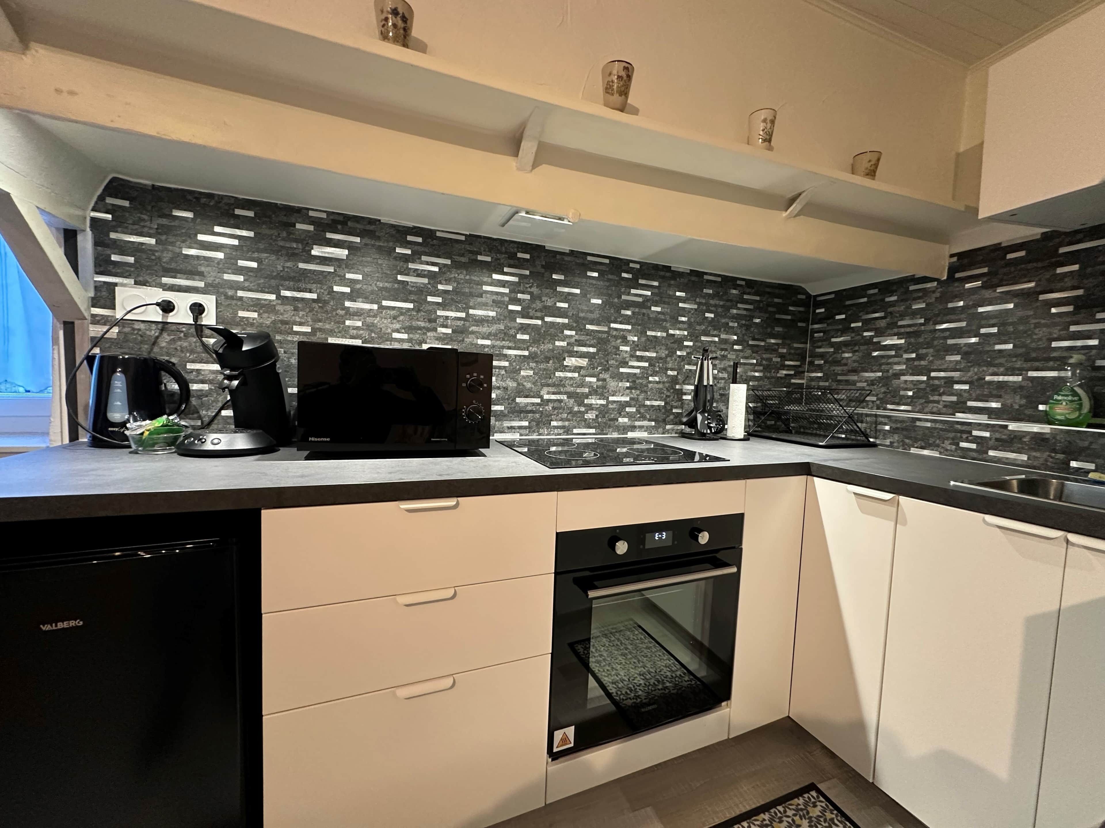 Frigorífico, microondas, horno y placa de cocina