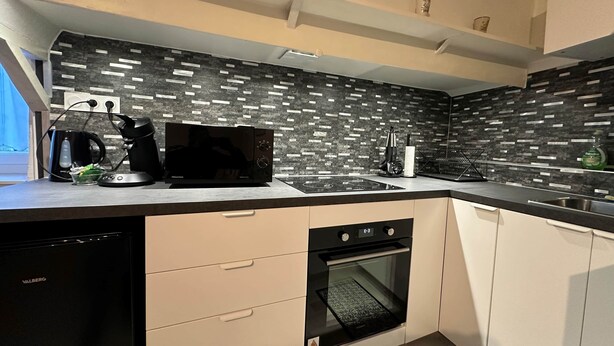 A modern kitchen with a black and white tiled backsplash, a built-in oven, and a dishwasher. - Atacama - Appart. en Rez-de-chaussée (Saint-Martin-d'Uriage)