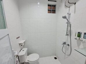 Et moderne badeværelse med toilet, bruser og et glasafskærmet håndvask.