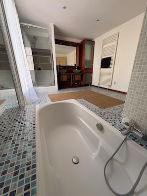 Shower, hair dryer, towels, toilet paper