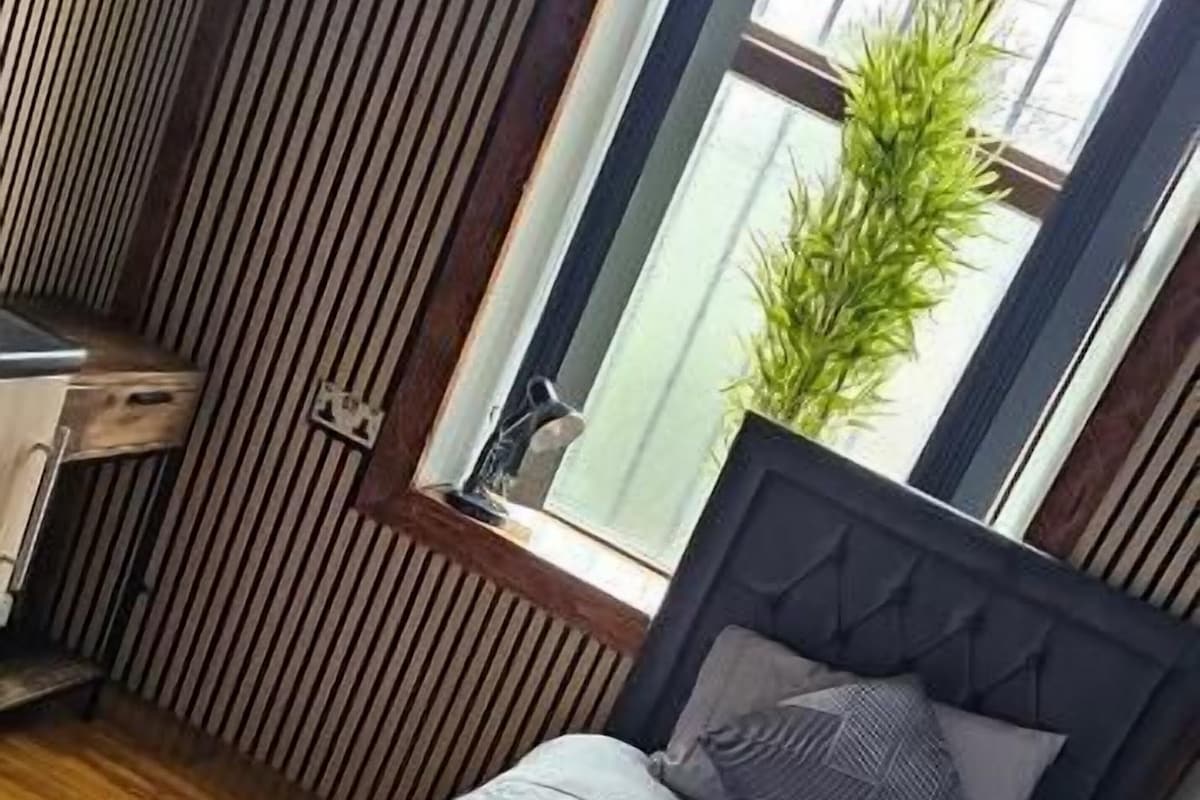 Une chambre à coucher avec un lit, une table de chevet et une fenêtre agrémentée d’une plante.