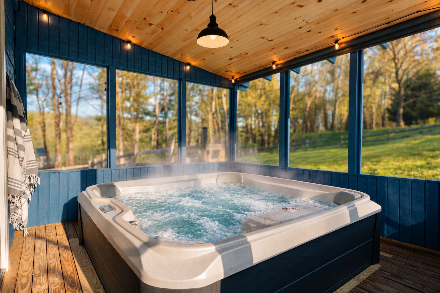 Un jacuzzi en una cabaña de madera con vista a los árboles.