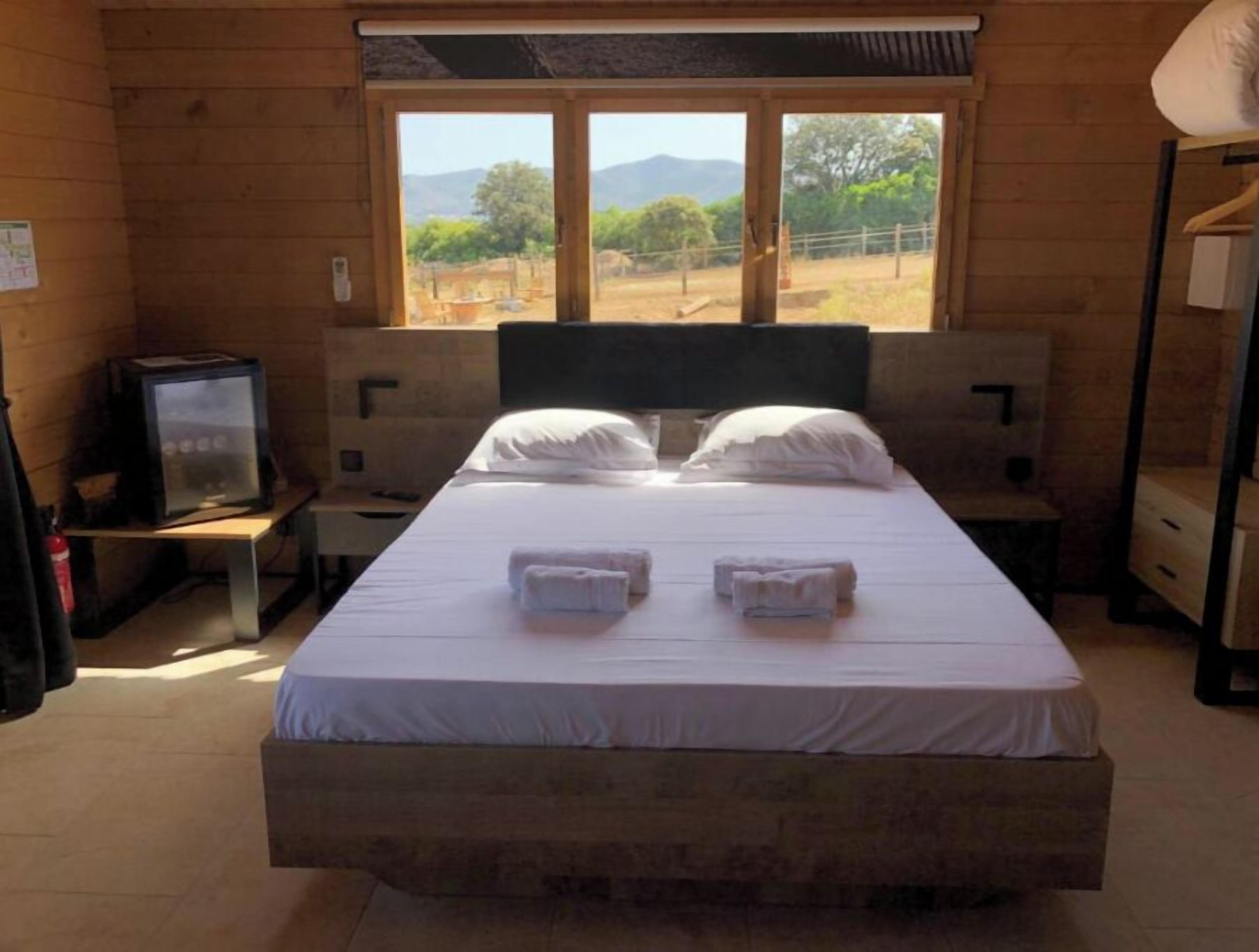 Une pièce en bois avec un lit, un téléviseur posé sur une petite table et une fenêtre donnant sur des arbres et des montagnes.