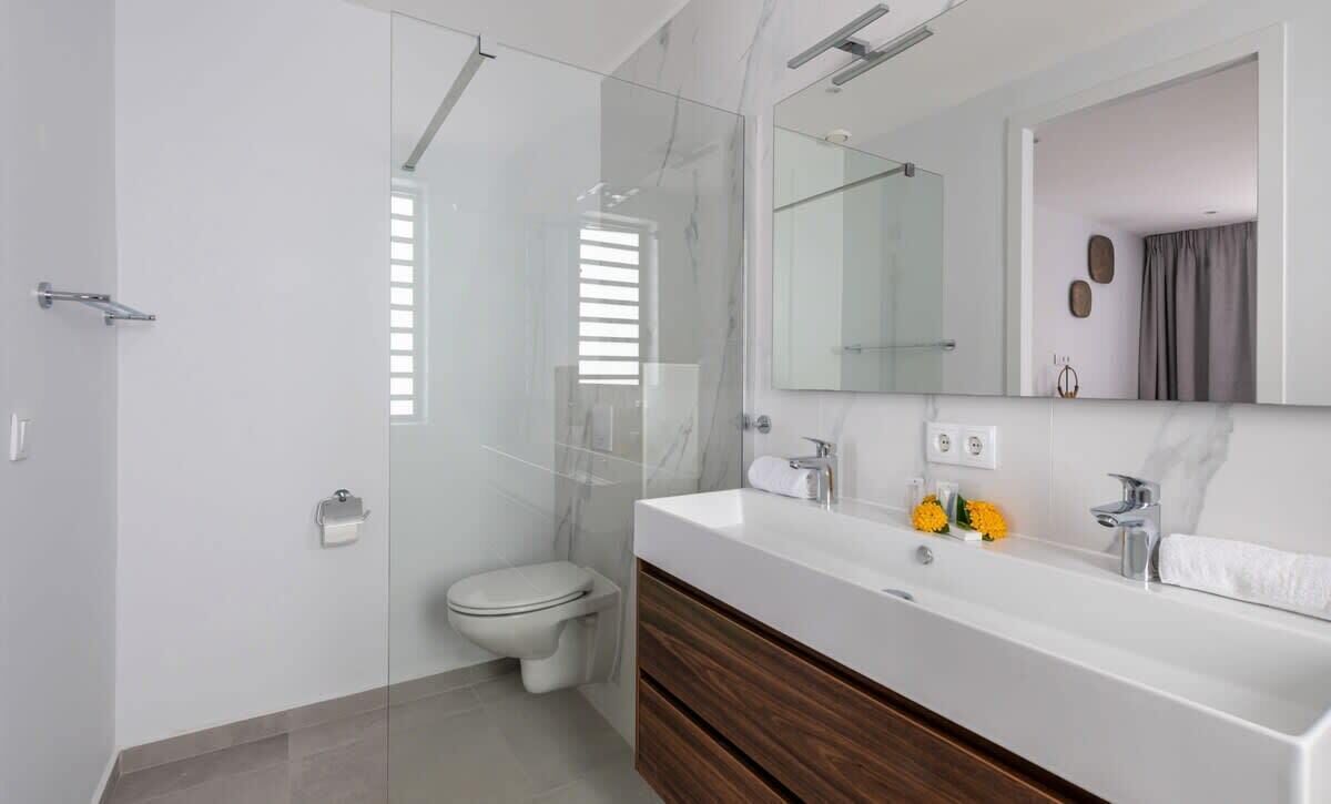 Un bagno moderno con doccia vetrata, lavandino bianco e mobile contenitore in legno, e uno specchio grande.