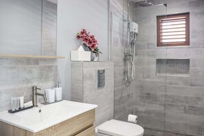 Chuveiro, secador de cabelo, toalhas de banho 