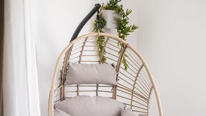 A wicker chair with cushions, a small potted plant, and a black floor lamp.